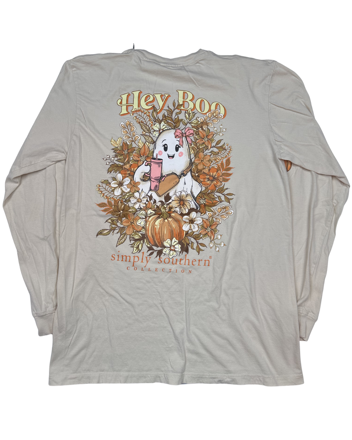 Simply Southern Hey Boo Halloween Ghost Long Sleeve T-Shirt (medium)