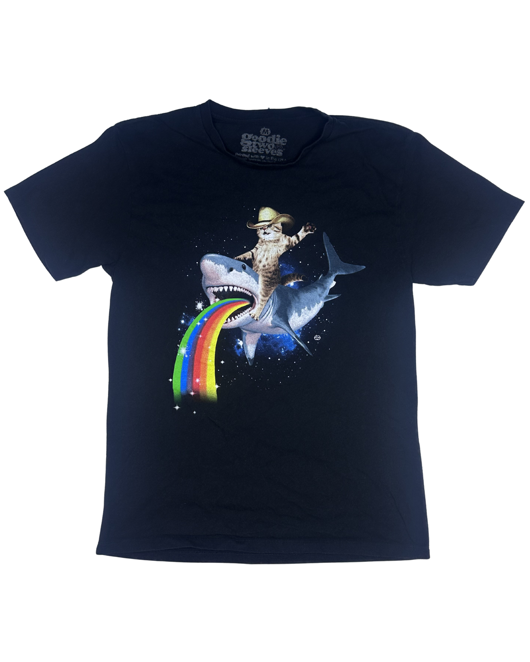 Goodie Two Sleeves Cat Riding Shark Rainbow Graphic T-Shirt (Medium)