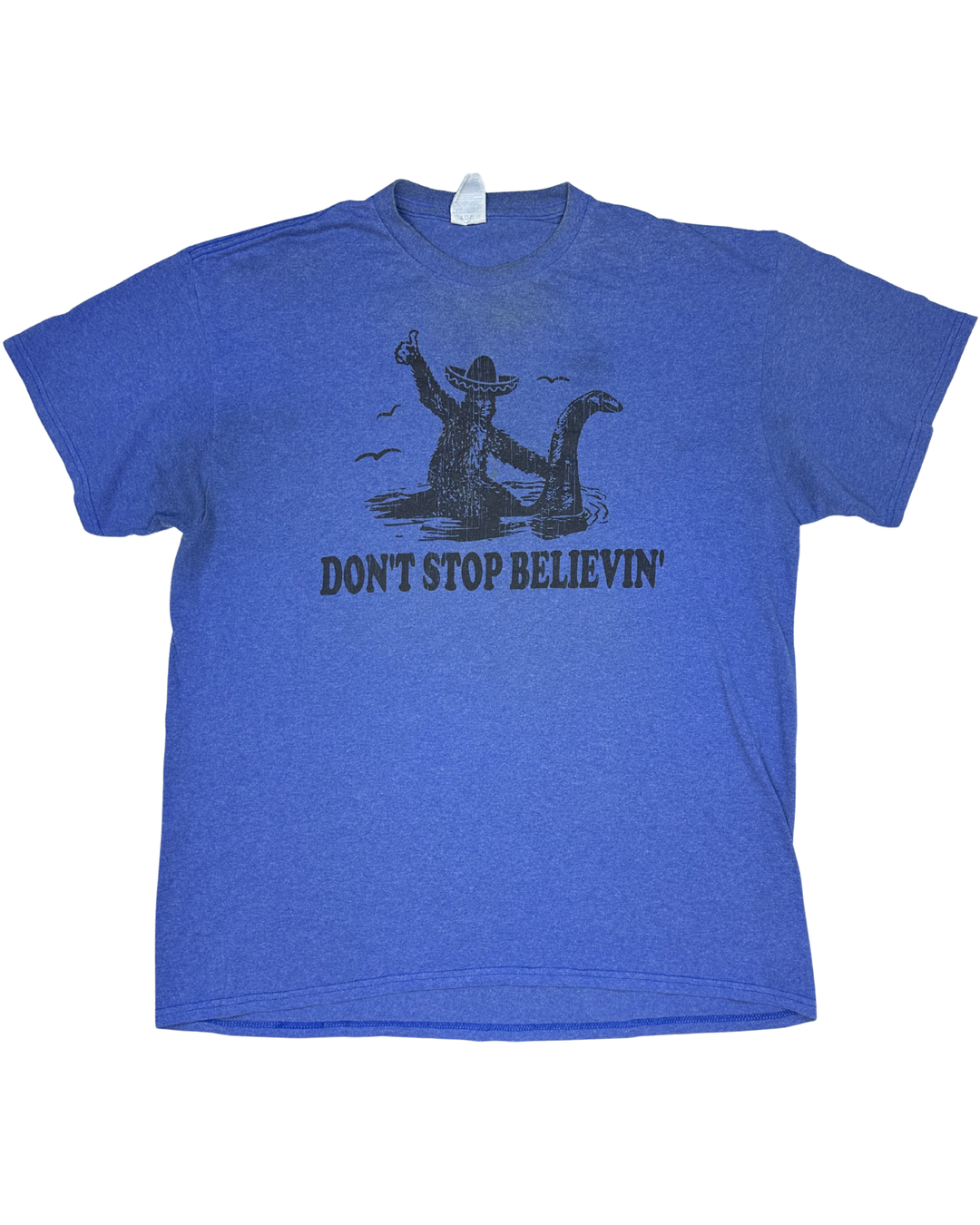 Don't Stop Believin' Bigfoot Loch Ness Monster Graphic T-Shirt (Large)