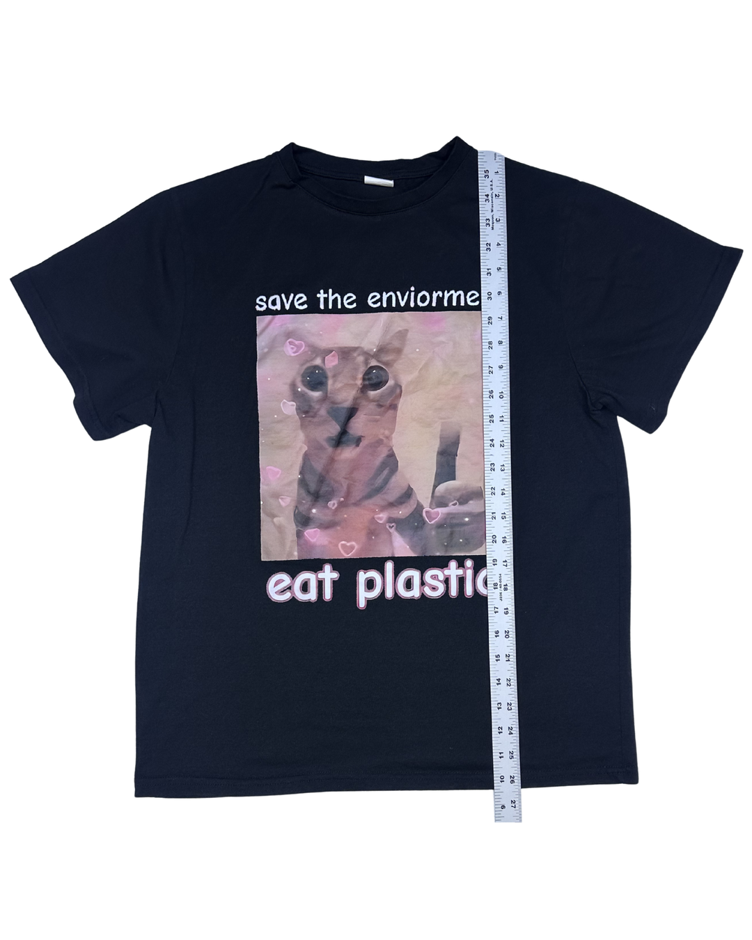 Save the Environment Eat Plastic Cat Meme Graphic T-Shirt (Small)