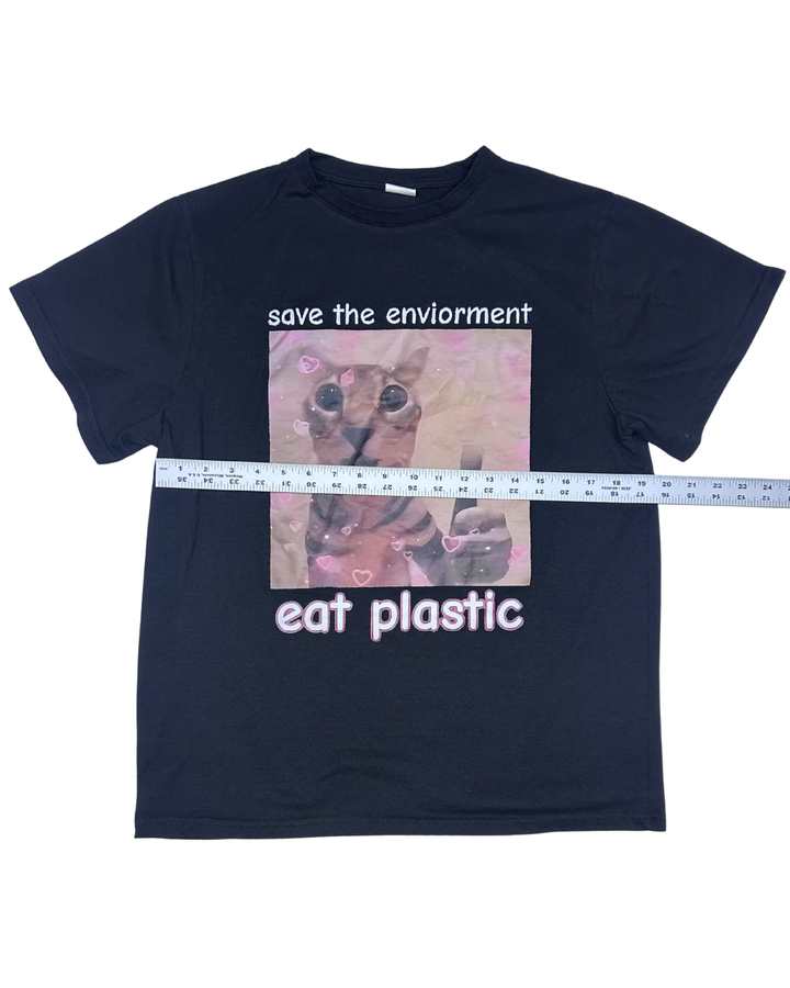 Save the Environment Eat Plastic Cat Meme Graphic T-Shirt (Small)