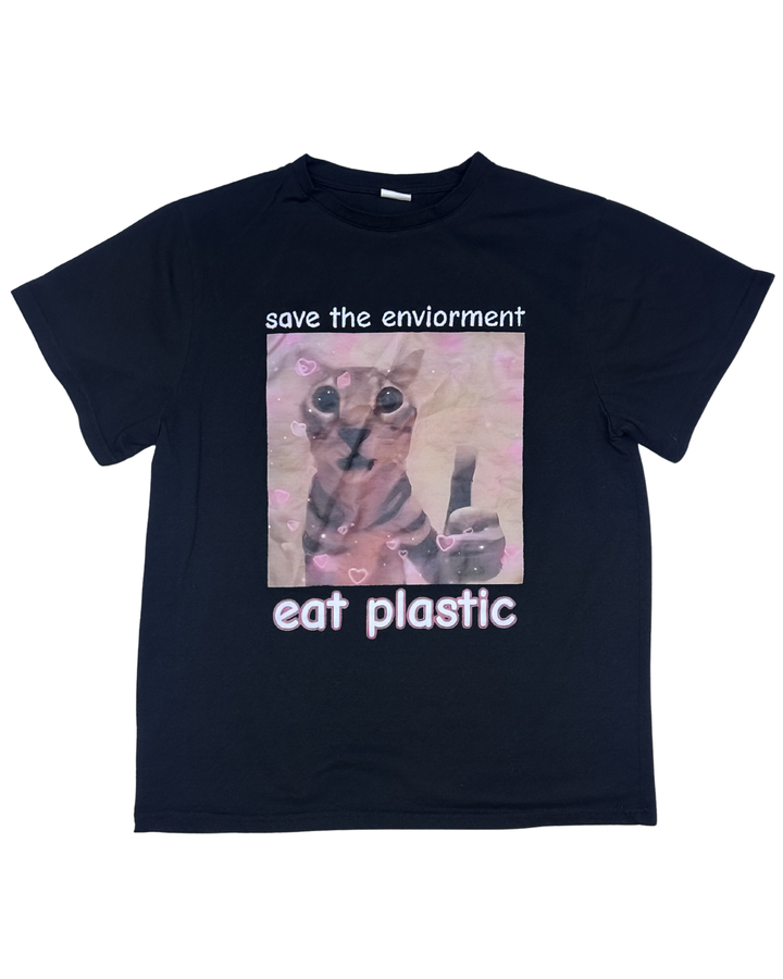 Save the Environment Eat Plastic Cat Meme Graphic T-Shirt (Small)